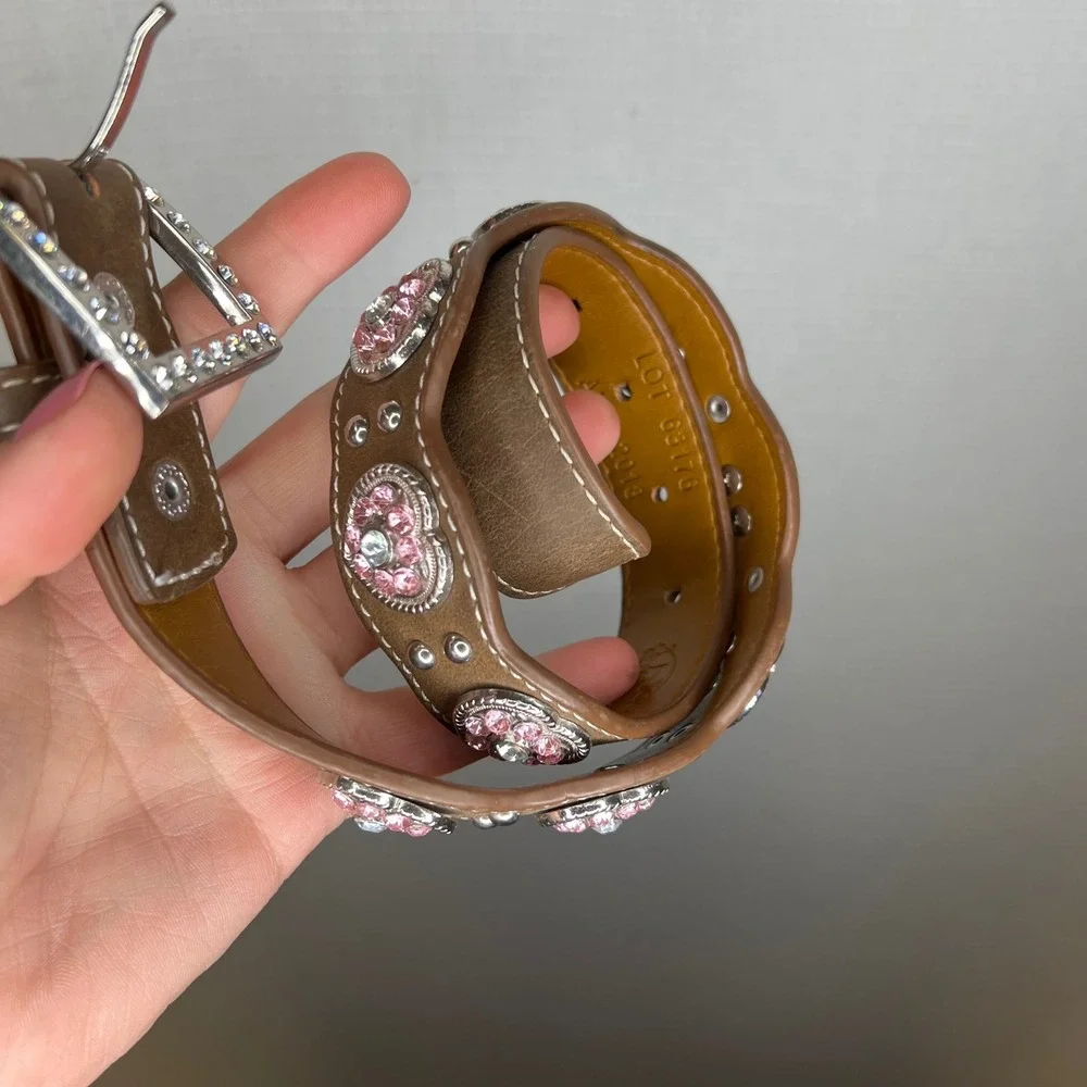 Nocona Kids Brown Leather Rhinestone Heart Conch Western Belt N4427044 Size 22 - Picture 5 of 8